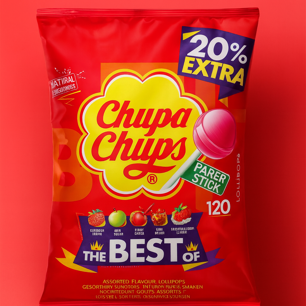 Chupa Chups The Best of Lollipop Bag Contains 120 Lollipops in 5 Flavours Cola, Strawberry, Cherry, Apple, Birthday Gift