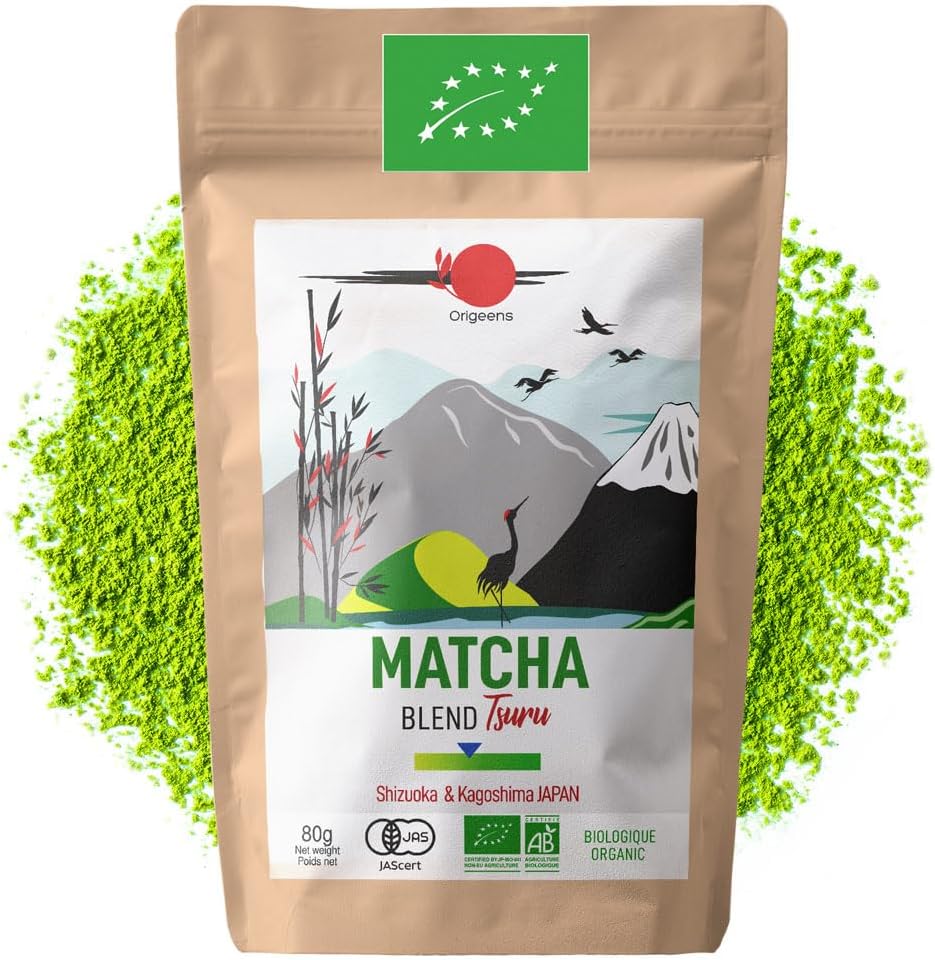 ORIGEENS Organic Japanese Matcha Tea - Blend from Shizuoka and Kagoshima - Organic Matcha Green Tea Powder 80g Bag