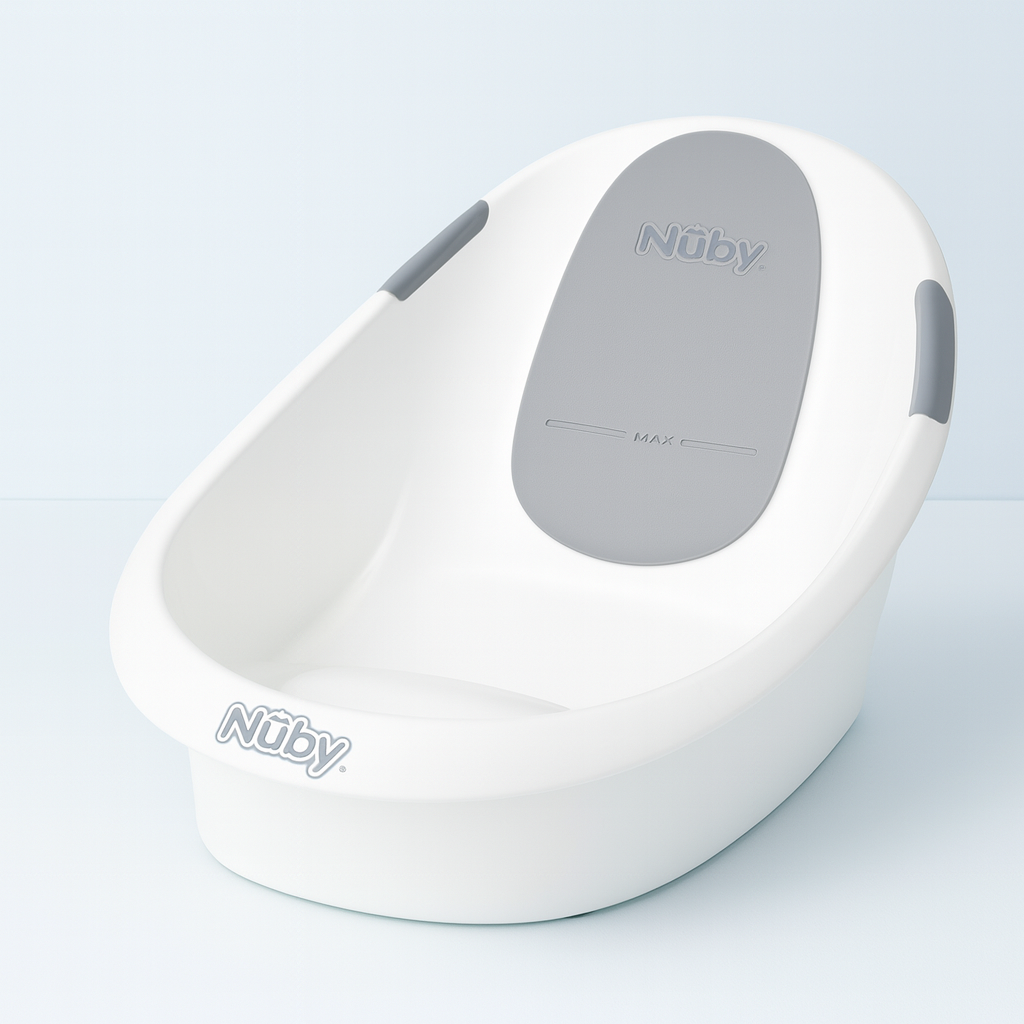 Nuby Newborn Baby Bath with Built in Anti-Slip Support and Soft Headrest, White Bathtub, Suitable from Newborn, White, 1 Count (Pack of 1)