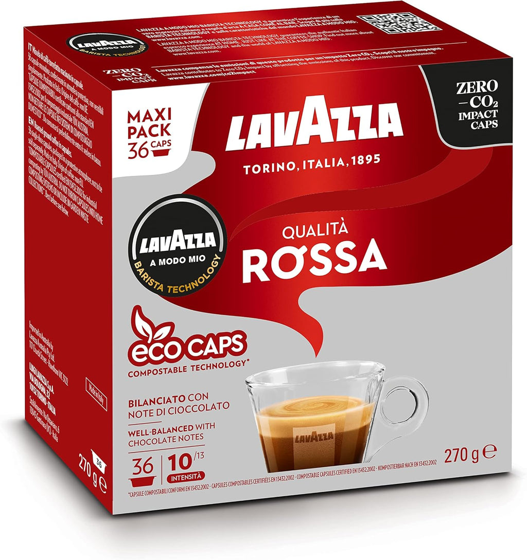 Lavazza, A Modo Mio Qualità Rossa, Coffee Capsules, Arabica and Robusta, Full and Sustained Taste, Intensity 10/13, Medium Roasting, Perfect for a 40ml Espresso, Compostable, 36 Espresso Pods