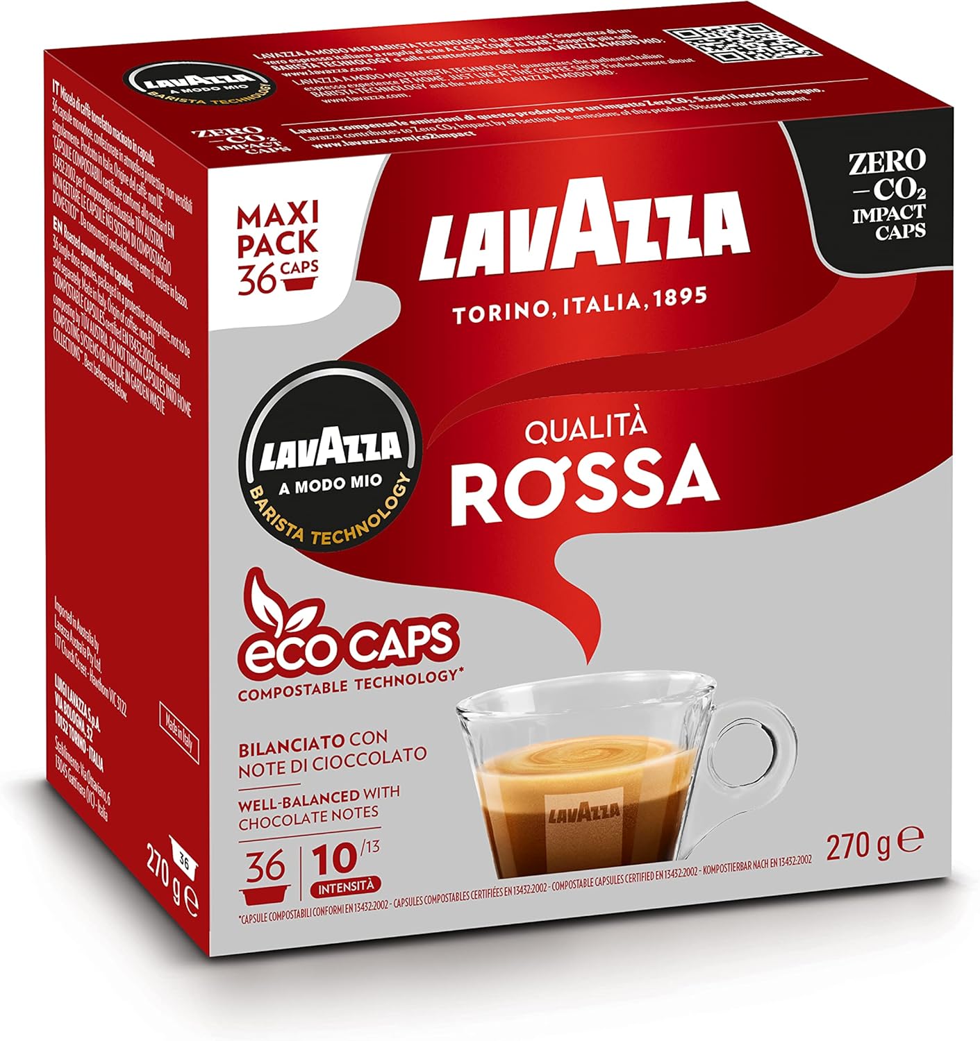 Lavazza, A Modo Mio Qualità Rossa, Coffee Capsules, Arabica and Robusta, Full and Sustained Taste, Intensity 10/13, Medium Roasting, Perfect for a 40ml Espresso, Compostable, 36 Espresso Pods