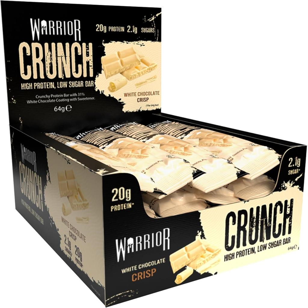 Warrior Crunch 20g High Protein Bars - Low Sugar/Carb Snack Bar - 12 Pack x 64g - Consume at Breakfast, Post-workout - Triple Layer - Incredibly Tasty - Halal Certified (White Chocolate)