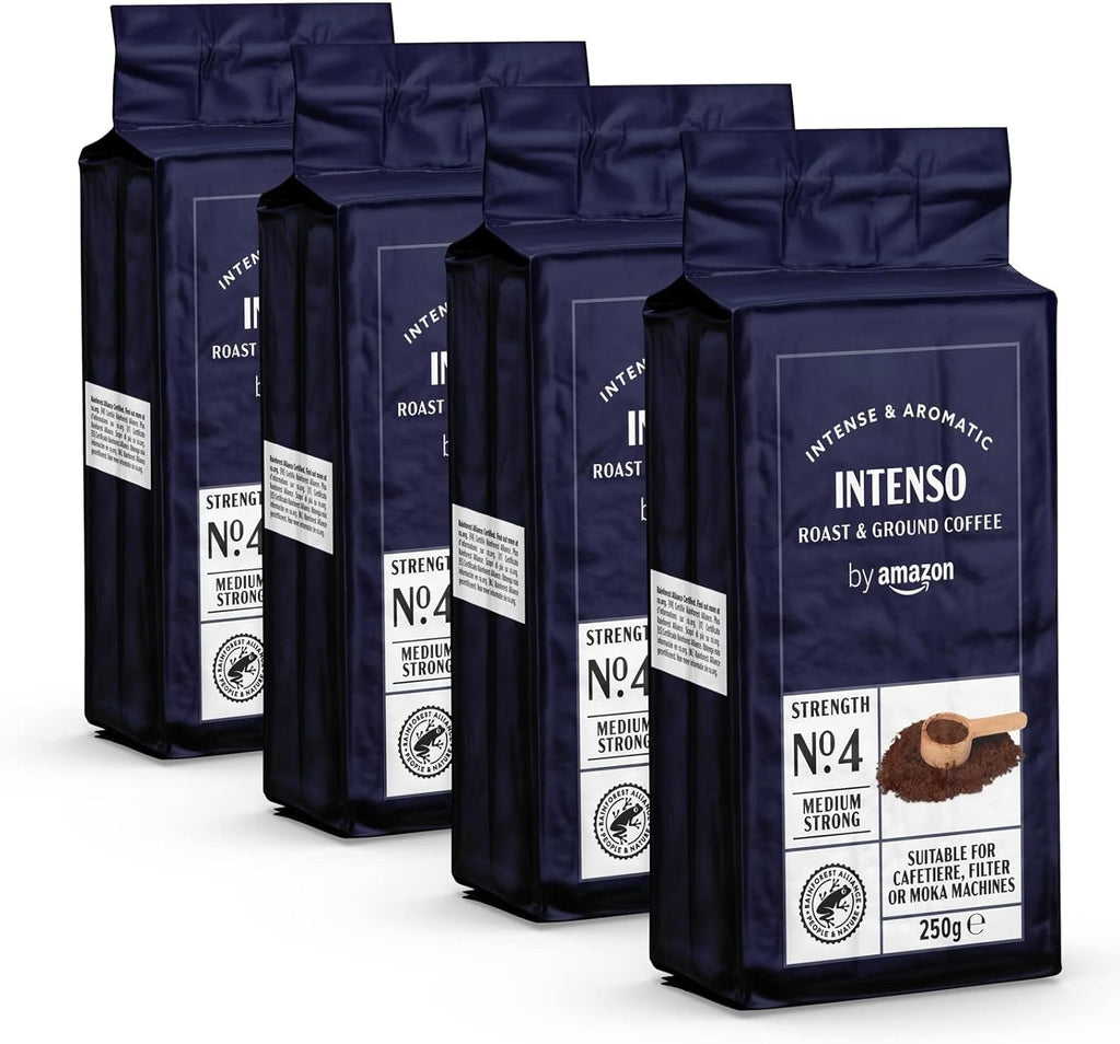 by Amazon Intenso Ground Roasted Coffee, Medium Roast, 1 kg, 4 Packs of 250 g, Rainforest Alliance Certified (Former Brand Happy Belly)