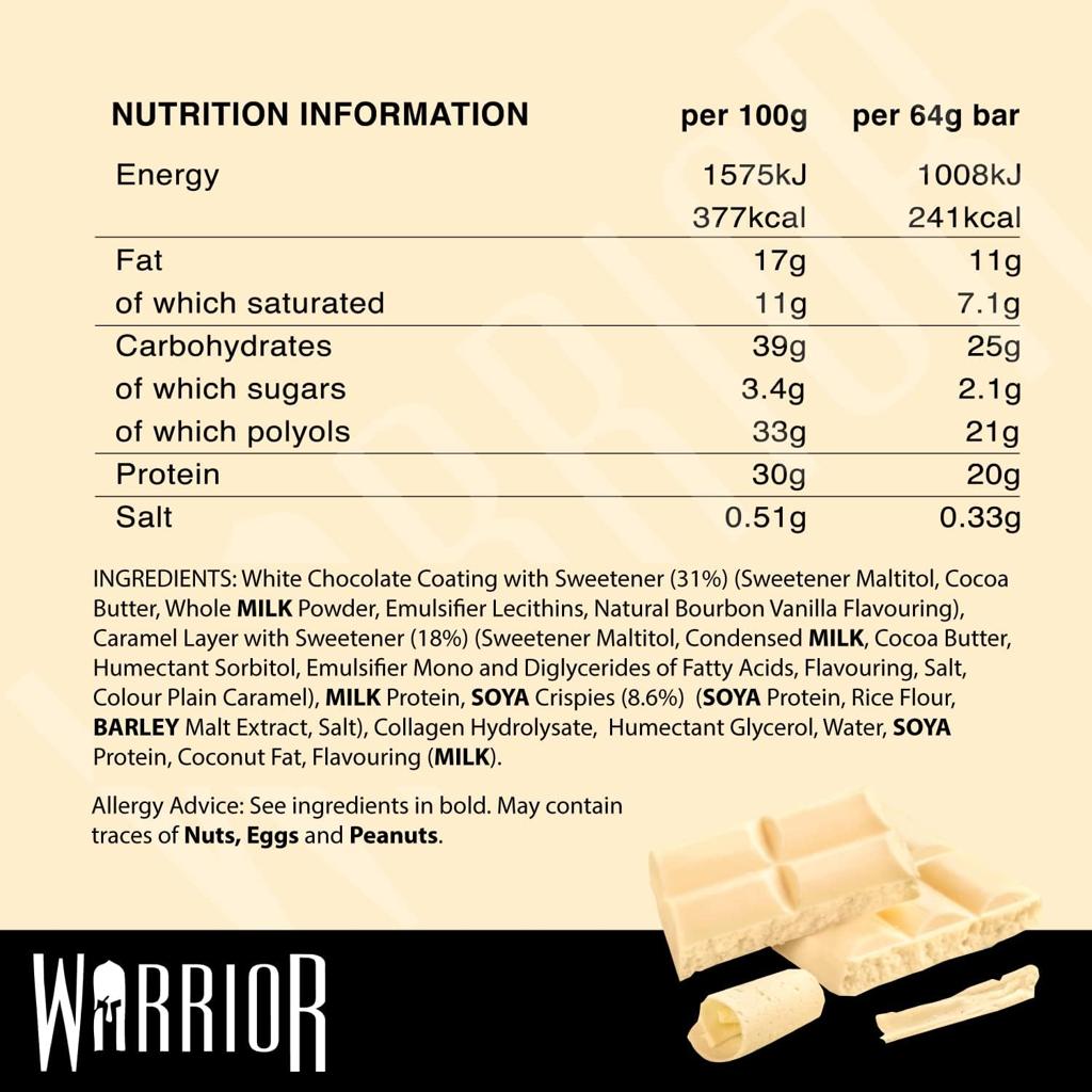 Warrior Crunch 20g High Protein Bars - Low Sugar/Carb Snack Bar - 12 Pack x 64g - Consume at Breakfast, Post-workout - Triple Layer - Incredibly Tasty - Halal Certified (White Chocolate)