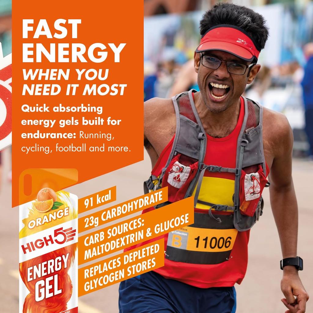 HIGH5 Running Gels Energy - Running Essentials for Quick Release Energy - Natural Fruit Juice & Caffeine-Free - Ideal as Running Equipment, Cycling Supplements, Marathon Training (Orange, 20 x 40g)
