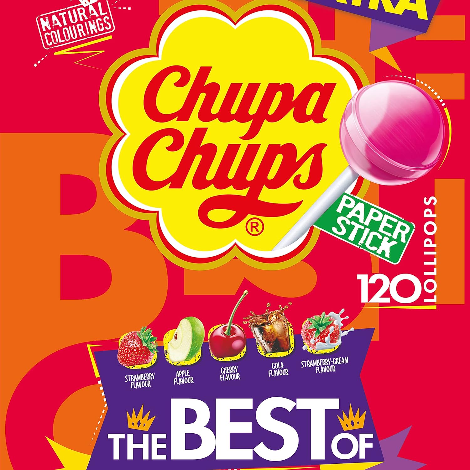 Chupa Chups The Best of Lollipop Bag Contains 120 Lollipops in 5 Flavours Cola, Strawberry, Cherry, Apple, Birthday Gift