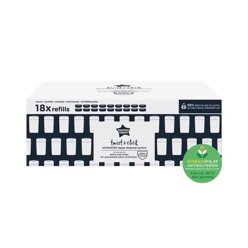 Tommee Tippee Twist and Click Nappy Bin Refill Cassettes, Pack of 12 Refill Cassettes with Multilayer, Antibacterial Film for Odour and Germ Protection