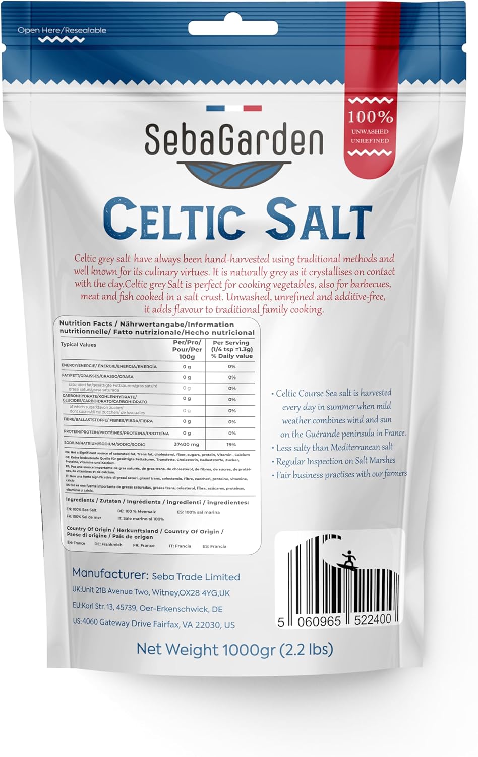 Seba Garden Grey Celtic Sea Salt 1kg Hand Harvested Grey Sea Salt Resealable Bag Contains Over 82 Essential Minerals
