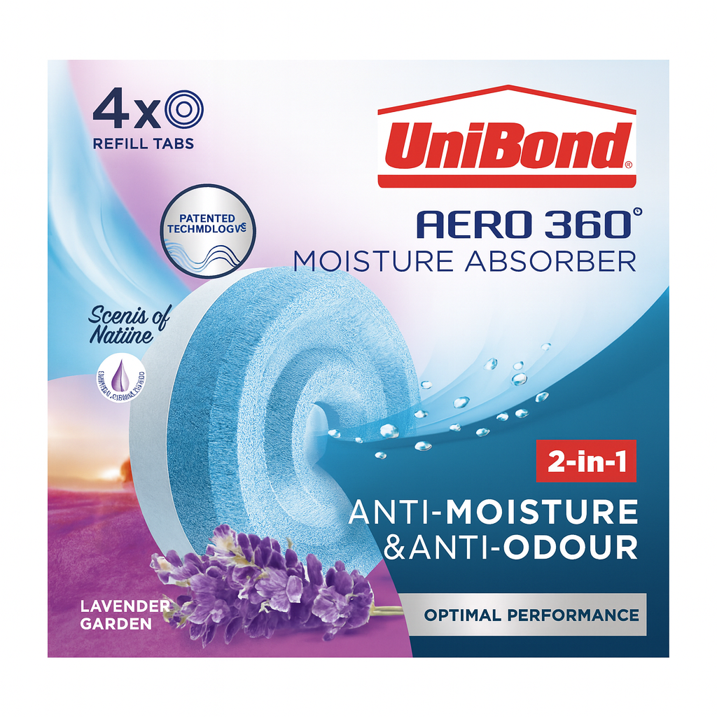 UniBond AERO 360° Moisture Absorber Lavender Garden Refill Tab, aromatherapy, ultra-absorbent and odour-neutralising, for AERO 360° Dehumidifier, Condensation Absorbers, 4 Pack (4 x 450g)