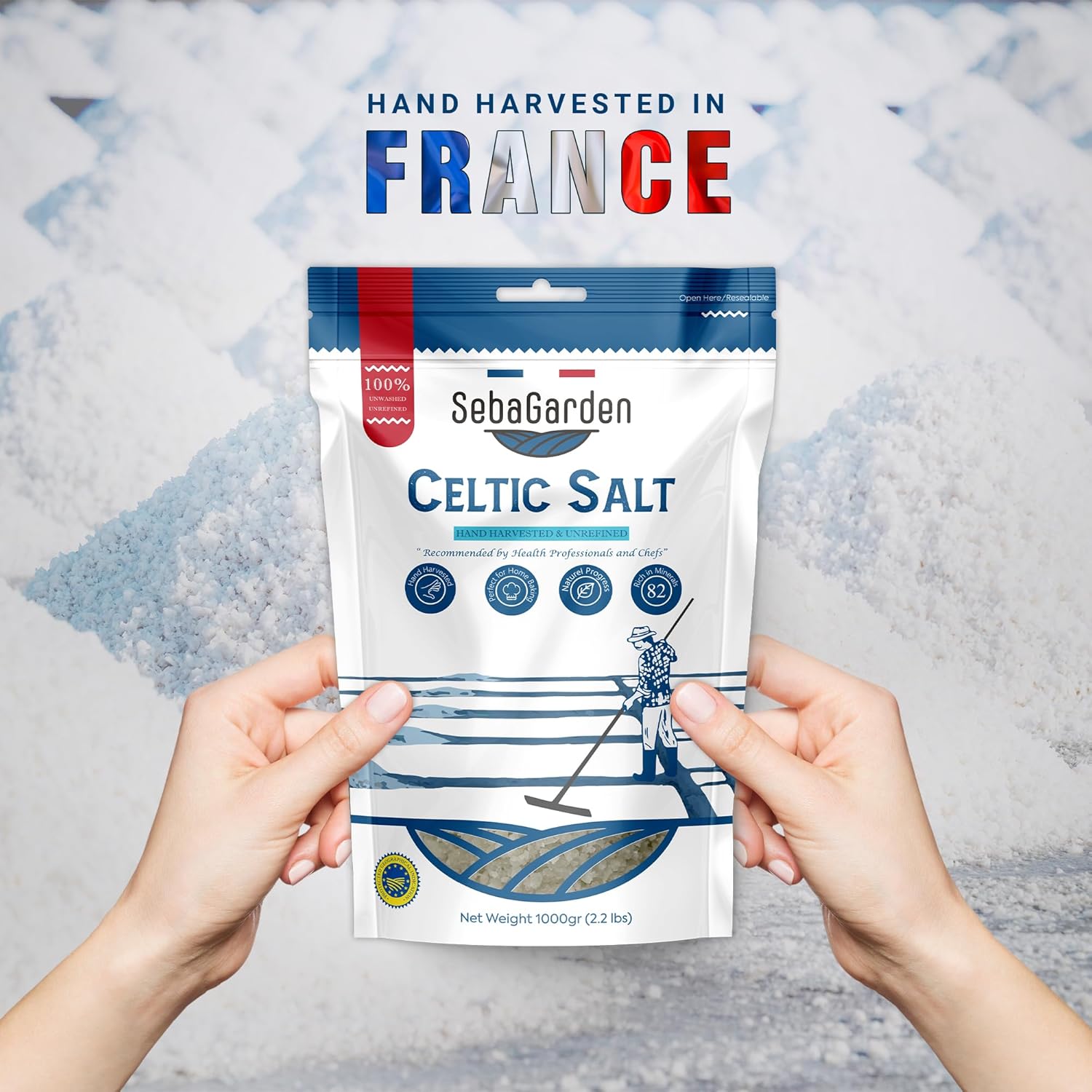 Seba Garden Grey Celtic Sea Salt 1kg Hand Harvested Grey Sea Salt Resealable Bag Contains Over 82 Essential Minerals