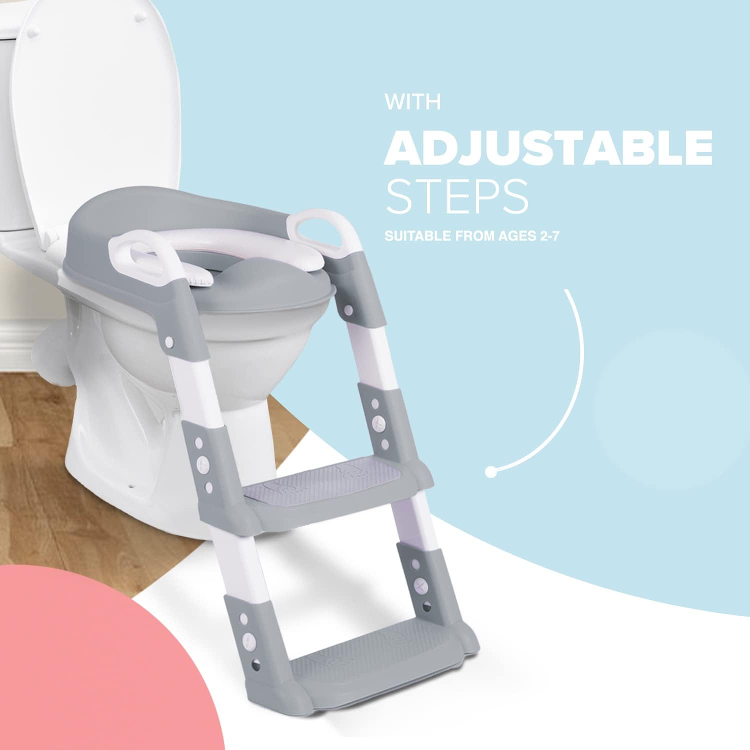 KIDOOLA Adjustable Potty Ladder Seat for Toilet Training with Steps,Handle & Soft Cushion Design Non Slip & Space Efficient Toddlers & Children Foldable & Easy Assembly Splash Guard Included Grey
