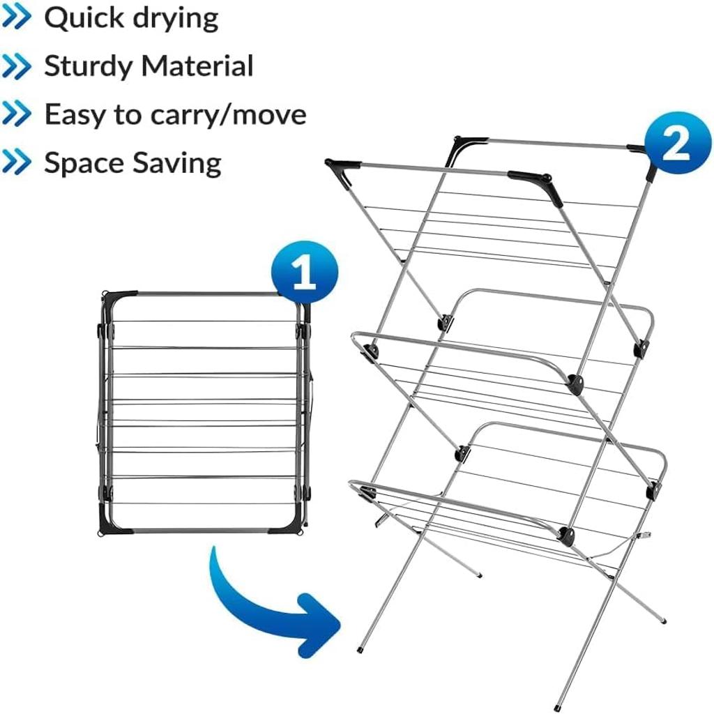1ABOVE Premium Quality, Alloy Steel 3 Tier Clothes Airer Dryer Laundry Drying Washing Line Horse Indoor Outdoor Towel Rack-15m Drying Space- Non-Slip Feet and Corner spaces for Hangers- Black & Grey