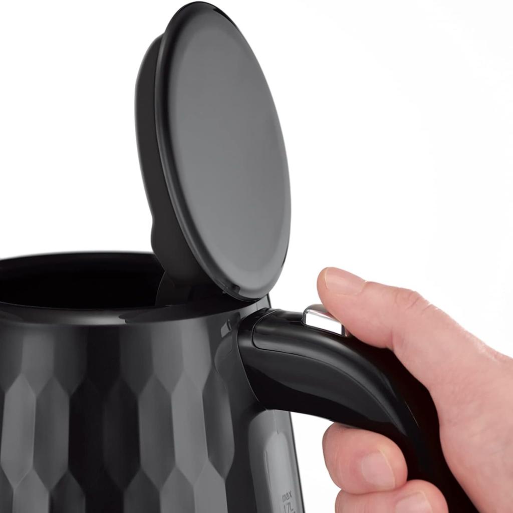 Russell Hobbs Honeycomb Electric 1.7L Cordless Kettle (Fast Boil 3KW, Black premium plastic, matt & high gloss finish, Removable washable anti-scale filter, Push button lid, Perfect pour spout) 26051