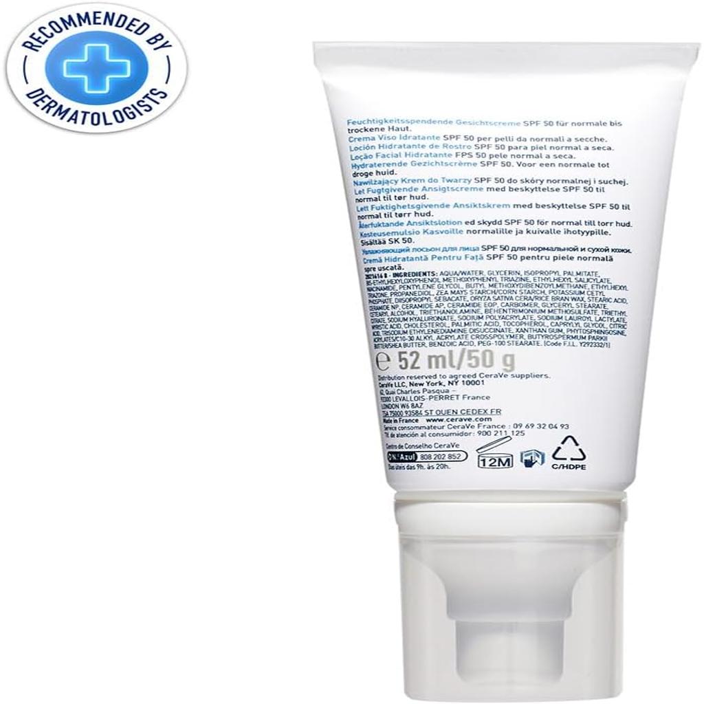 CeraVe AM Facial Moisturising Lotion SPF50 with Ceramides & Vitamin E for Normal to Dry Skin 52ml