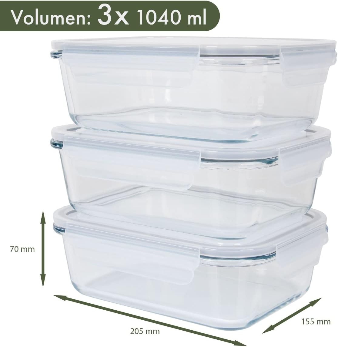 Classbach® C-FHD 4020 G Glass Food Storage Containers with Lid, Set of 3, Suitable for Microwave, Dishwasher, Freezer, Oven, Meal Prep Boxes, Glass, with Steam Valve, Glass Container with Lid