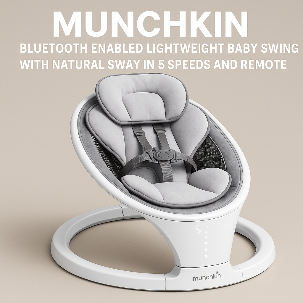 Munchkin Bluetooth Enabled Lightweight Baby Swing with Natural Sway in 5 Speeds and Remote Control, Cotton, Grey/White, 1 Count (Pack of 1)