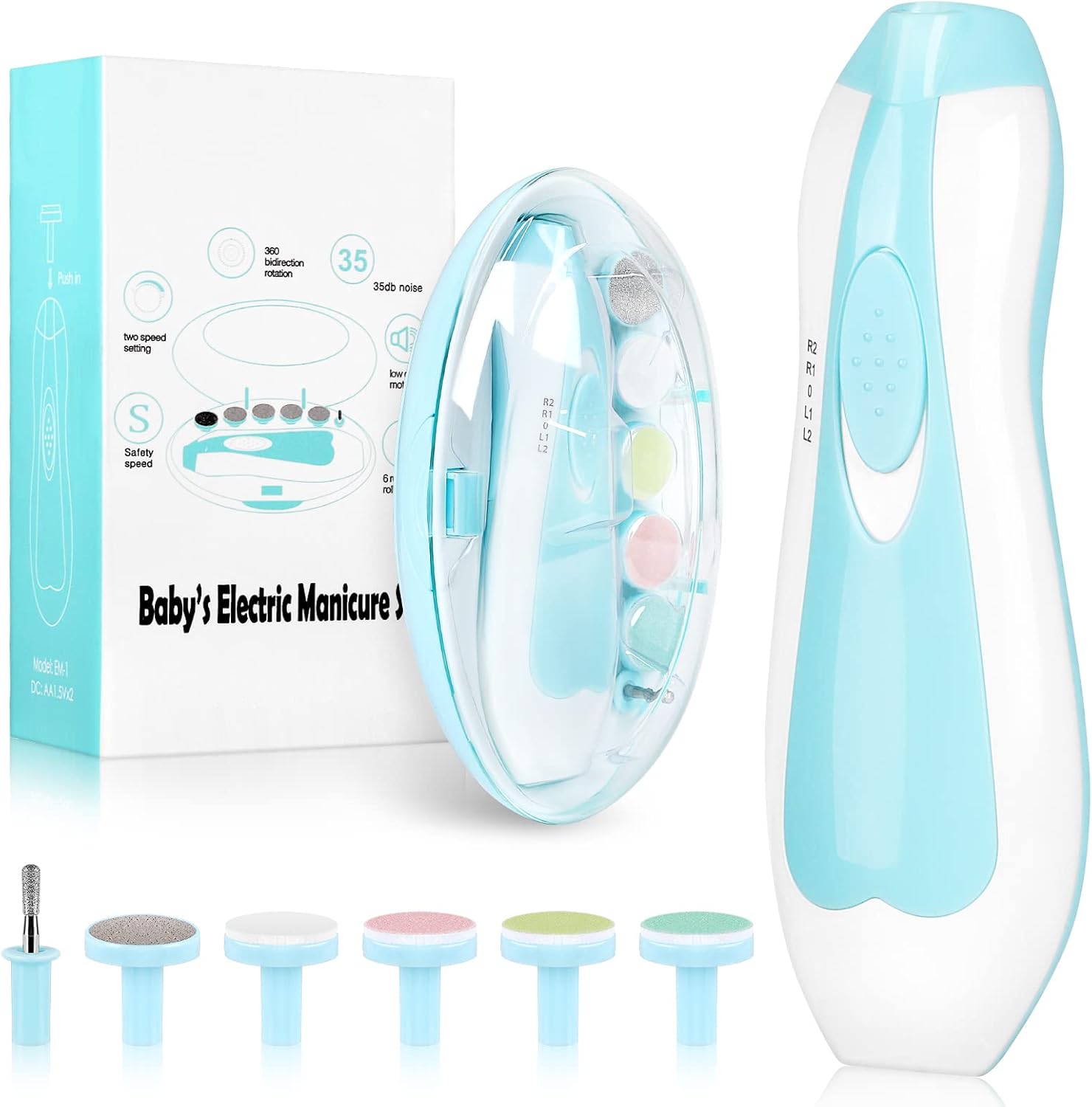 Qunlions Life Baby Electric Nail File, 8 In 1 Safe Trimmer, Clippers With 6 Grinding Heads And Light, Care Kit For All Ages Blue1