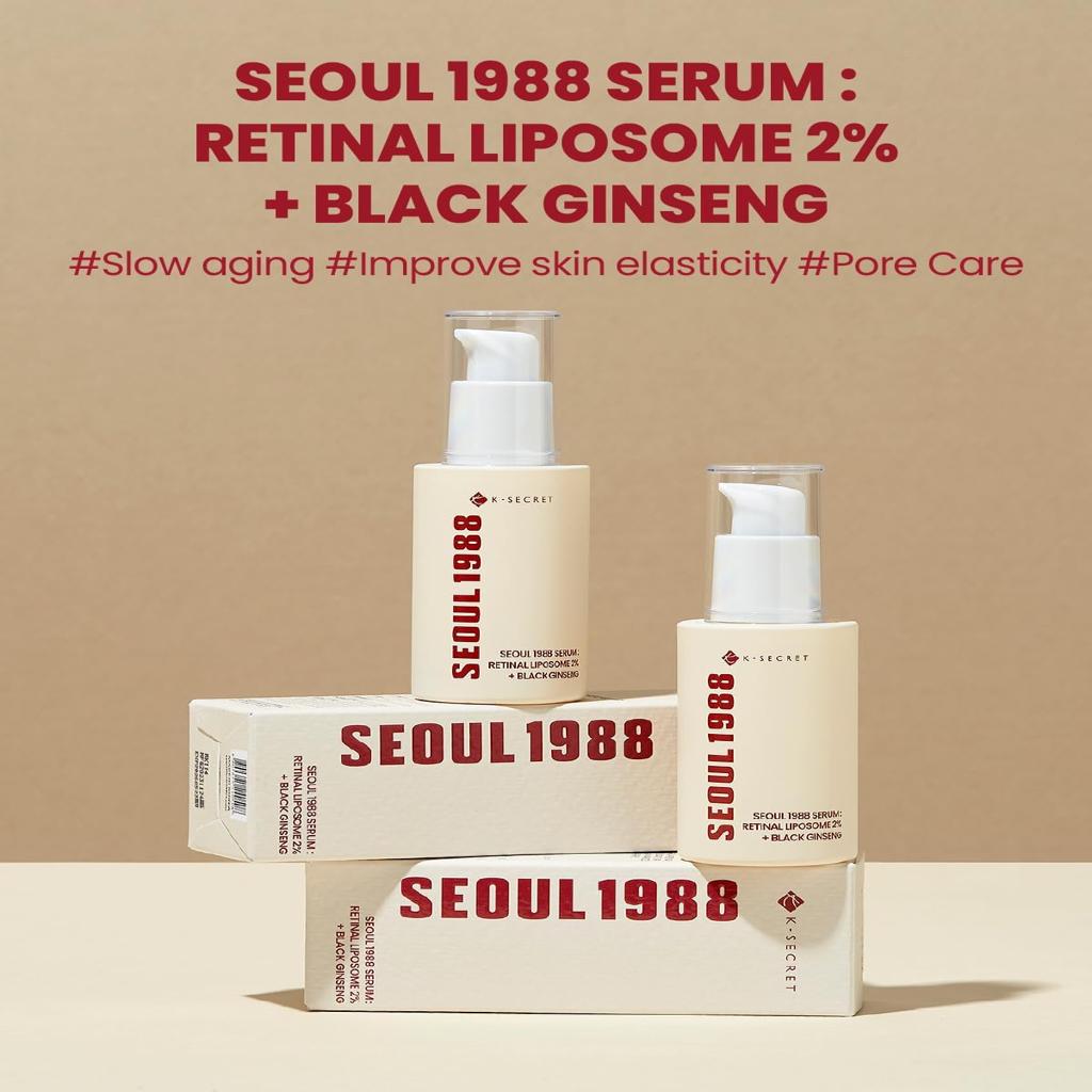 KSECRET SEOUL 1988 Serum: Retinal Liposome 2% + Black Ginseng, 30 ml/1.01 fl.oz | 58% Black Ginseng Extract | Retinal Serum, Bakuchiol, Vitamin C & 3 Peptides for Wrinkle Care | Korean Skincare |