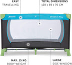 Travel Cot 120 x 60 cm from Birth to 15 kg, 3-Part Travel Bed with Folding Mattress and Carry Bag, Tilt-Resistant, Waterblue