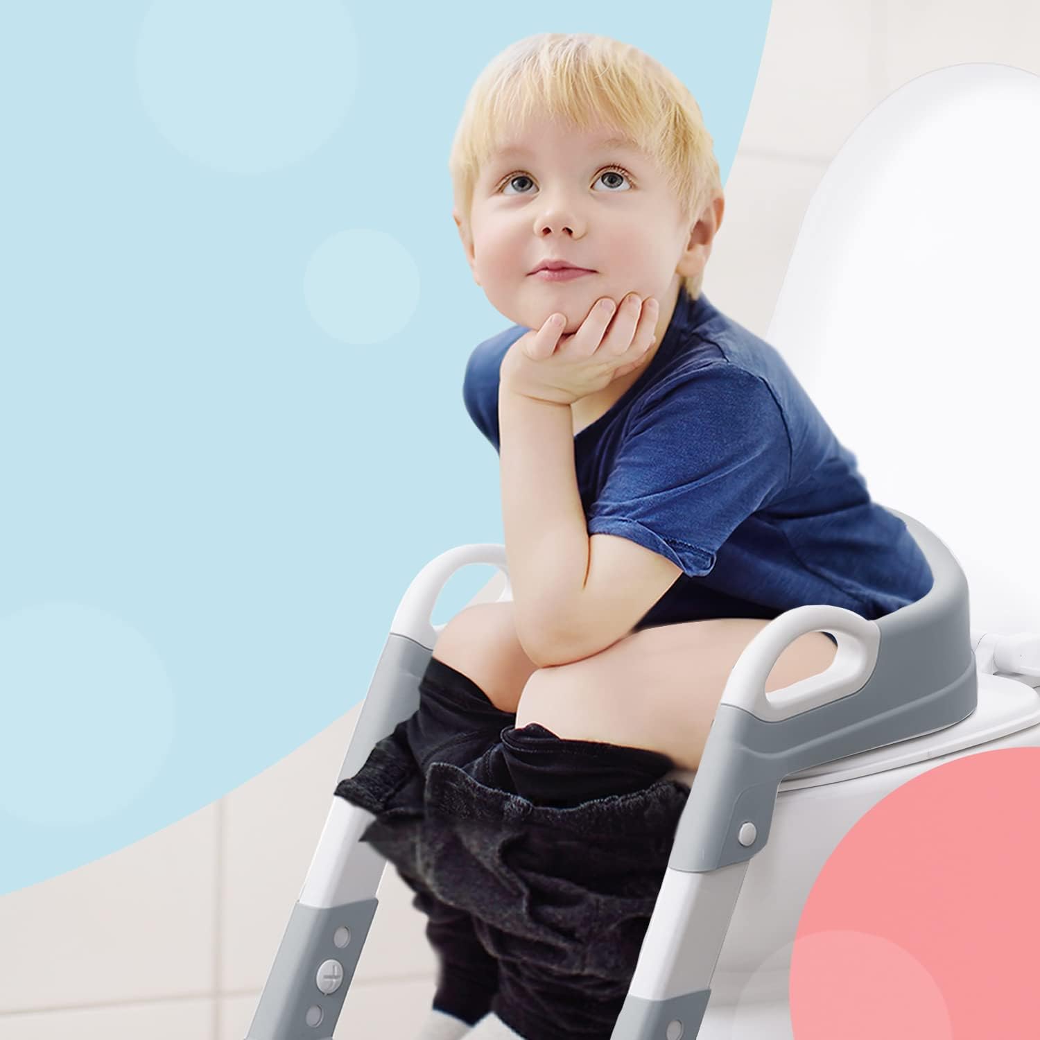 KIDOOLA Adjustable Potty Ladder Seat for Toilet Training with Steps,Handle & Soft Cushion Design Non Slip & Space Efficient Toddlers & Children Foldable & Easy Assembly Splash Guard Included Grey