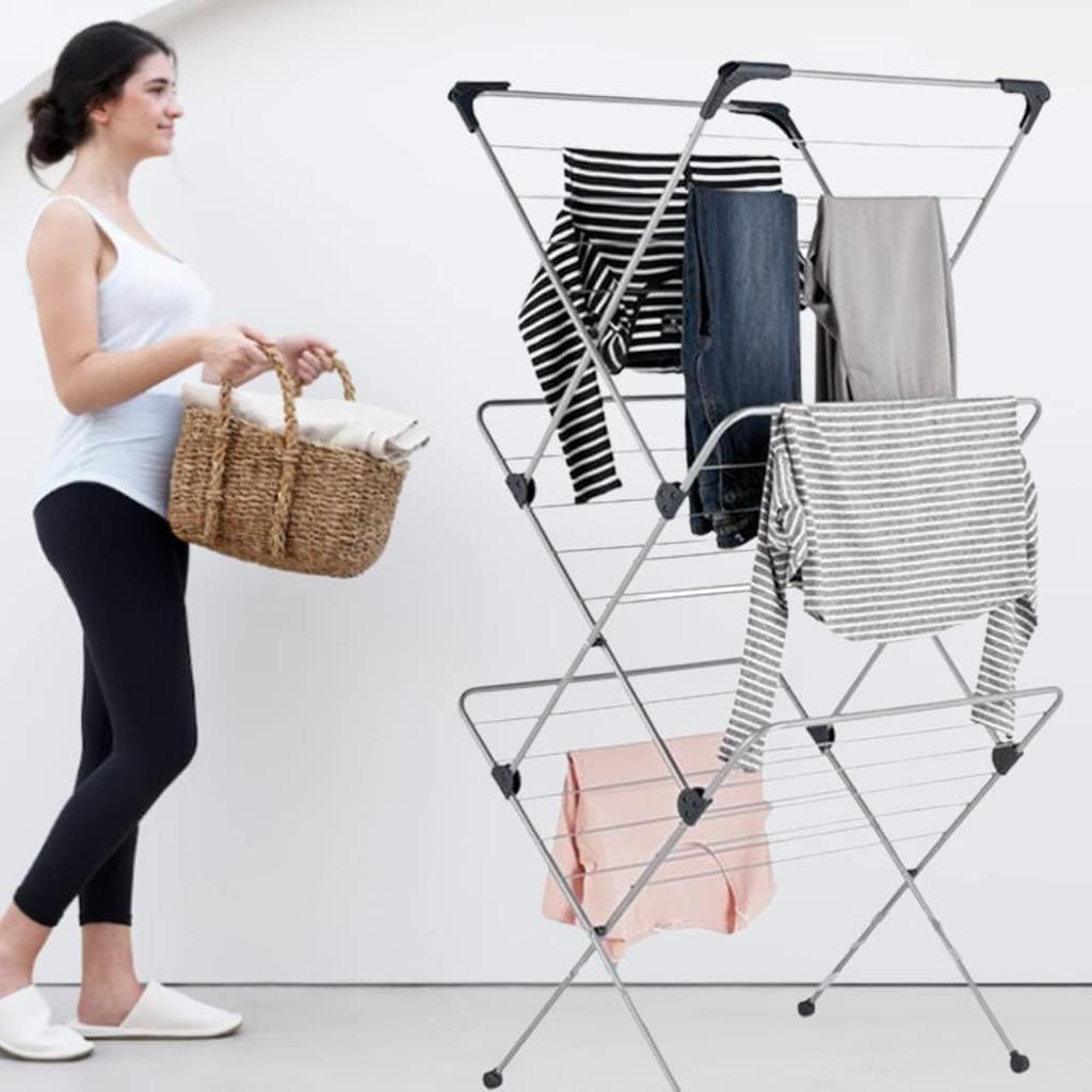 1ABOVE Premium Quality, Alloy Steel 3 Tier Clothes Airer Dryer Laundry Drying Washing Line Horse Indoor Outdoor Towel Rack-15m Drying Space- Non-Slip Feet and Corner spaces for Hangers- Black & Grey