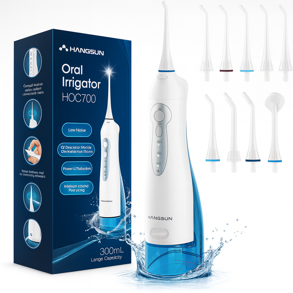 Hangsun Water Flosser Cordless Oral Irrigator Rechargeable Dental Water Jet HOC700 for Teeth Braces with 300ML Water Tank and 4 Jet Tips for Travel & Home Use