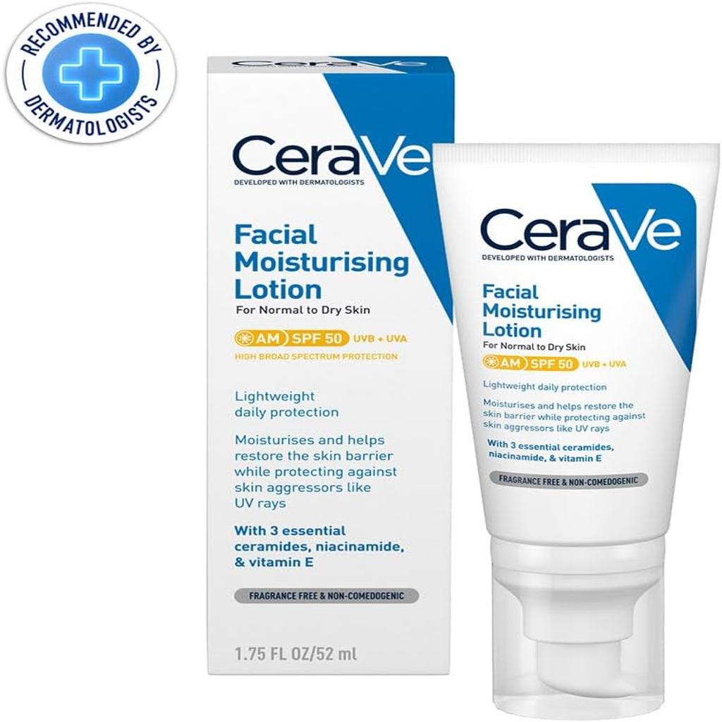 CeraVe AM Facial Moisturising Lotion SPF50 with Ceramides & Vitamin E for Normal to Dry Skin 52ml