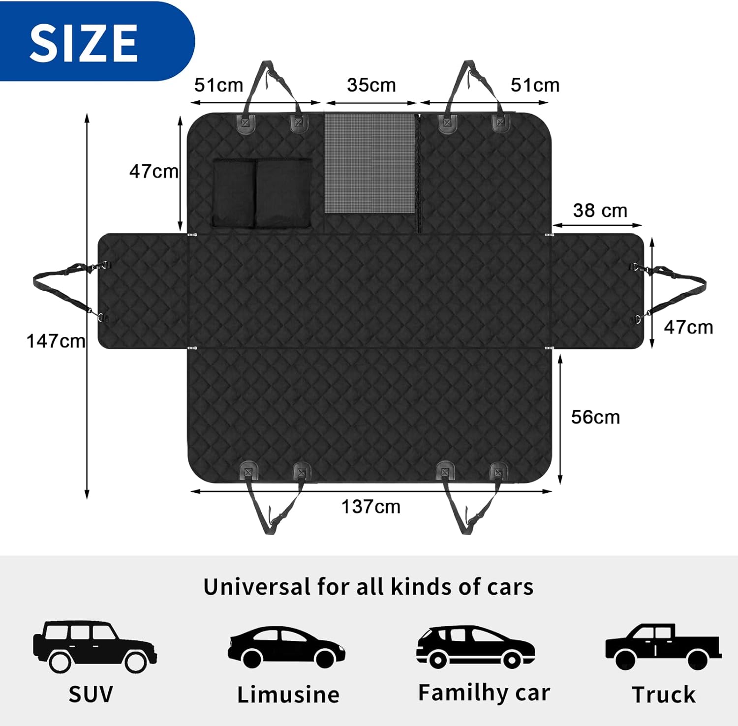 Sosayet Dog Blanket Car Rear Seat - 4-in-1 Car Seat Cover for Dogs with Side Protection, Viewing Window & Seat Belt - Waterproof, Non-Slip, Scratch-Resistant - 137 x 147 cm for Car, SUV & Van