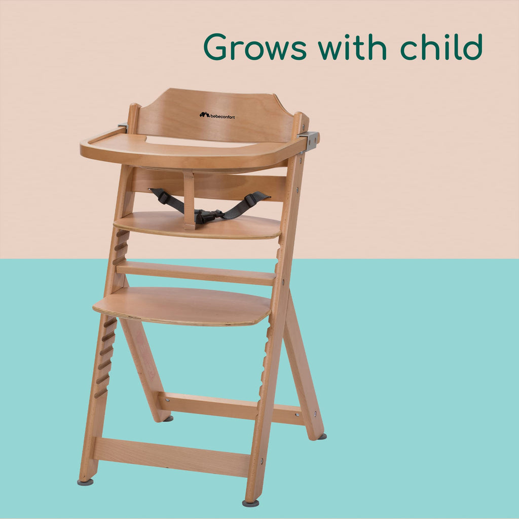 Bebeconfort Timba Evolutive Wooden High Chair, 6 Months-99 Years, Up to 110 kg, Baby High Chair, Removable Tray, Adjustable Seat & Footrest, 3-point Safety Harness, Fits Timba Baby, Natural Wood
