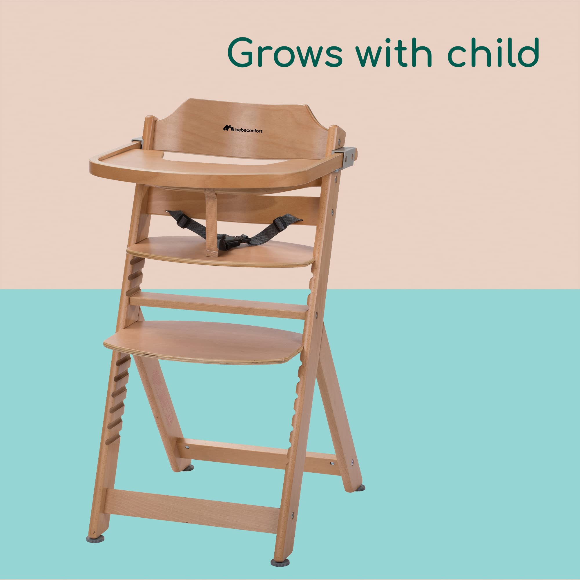 Bebeconfort Timba Evolutive Wooden High Chair, 6 Months-99 Years, Up to 110 kg, Baby High Chair, Removable Tray, Adjustable Seat & Footrest, 3-point Safety Harness, Fits Timba Baby, Natural Wood