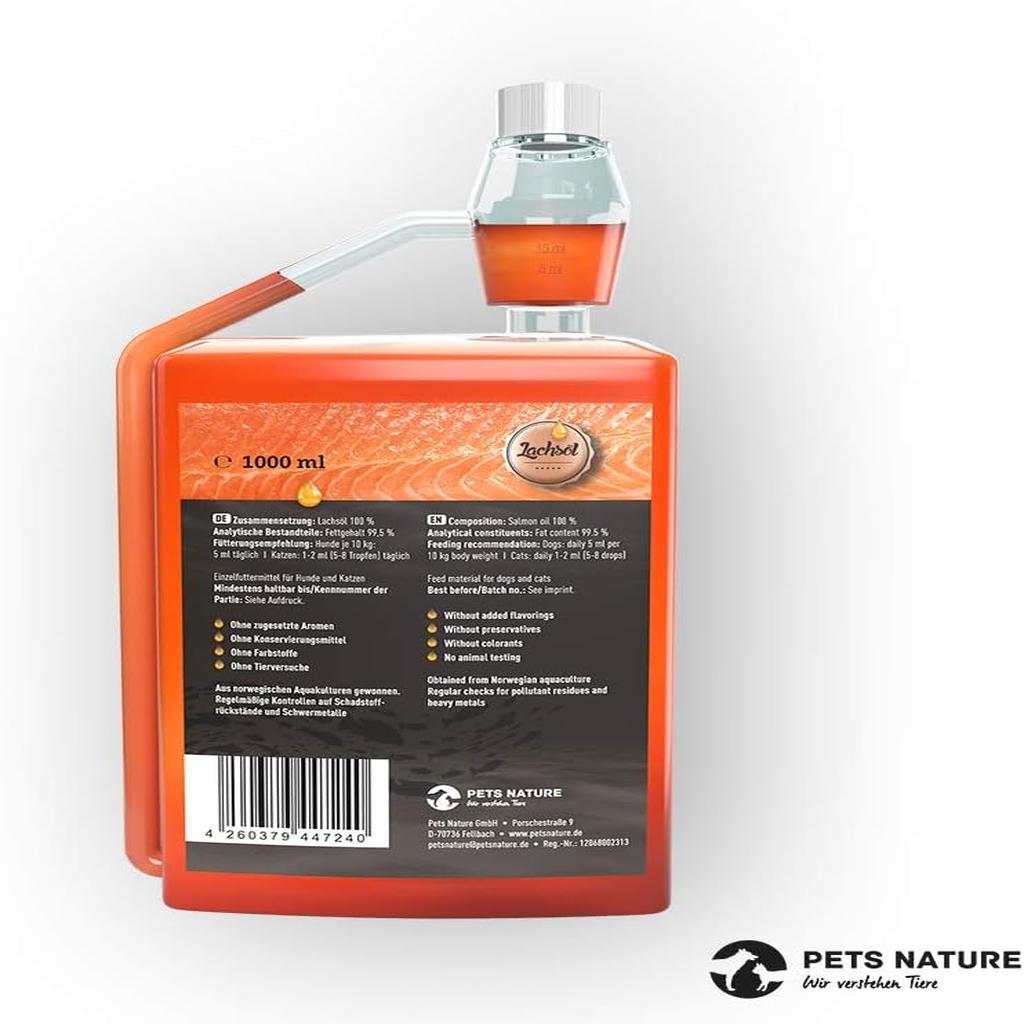 Pets Nature Salmon Oil for Dogs and Cats - 1 Litre Pure Premium Fish Oil with Omega 3 and 6 for Your Dog, Cat and Horse, 1000 ml