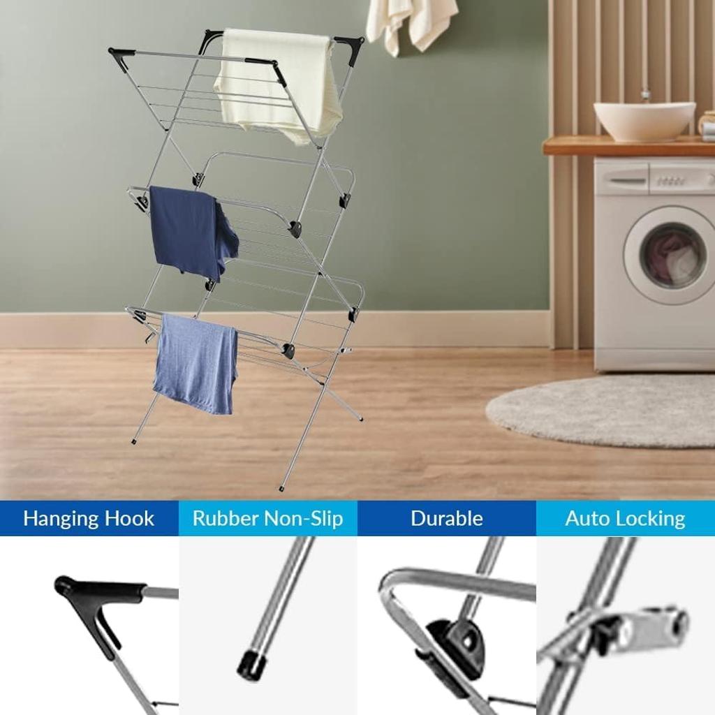 1ABOVE Premium Quality, Alloy Steel 3 Tier Clothes Airer Dryer Laundry Drying Washing Line Horse Indoor Outdoor Towel Rack-15m Drying Space- Non-Slip Feet and Corner spaces for Hangers- Black & Grey