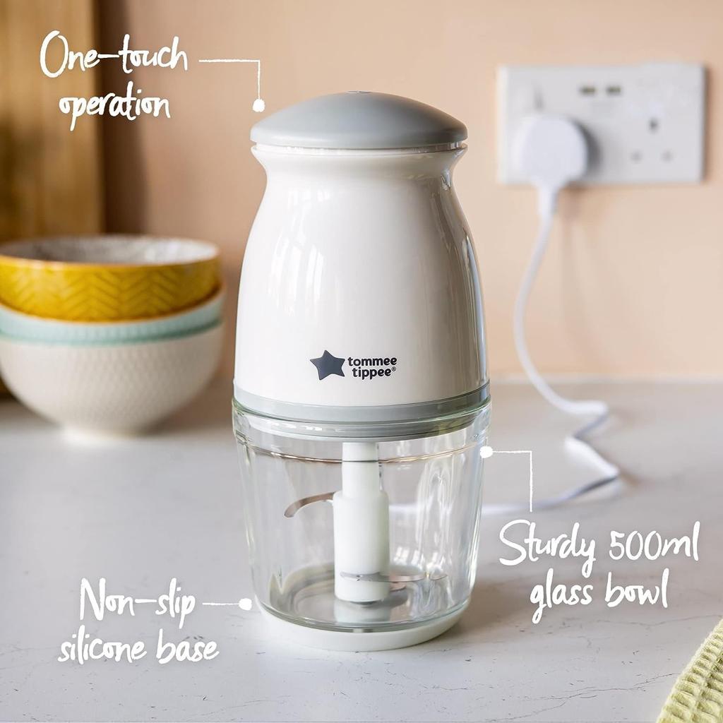 Tommee Tippee Quick-Chop, 500ml Capacity, Mini Electric Baby Food Blender and Chopper for all Stages of Weaning, Durable Glass Bowl and Stainless Steel Blades, 200W Motor