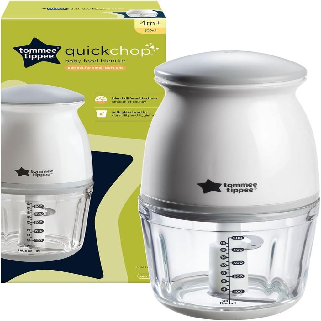 Tommee Tippee Quick-Chop, 500ml Capacity, Mini Electric Baby Food Blender and Chopper for all Stages of Weaning, Durable Glass Bowl and Stainless Steel Blades, 200W Motor
