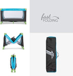 Travel Cot 120 x 60 cm from Birth to 15 kg, 3-Part Travel Bed with Folding Mattress and Carry Bag, Tilt-Resistant, Waterblue