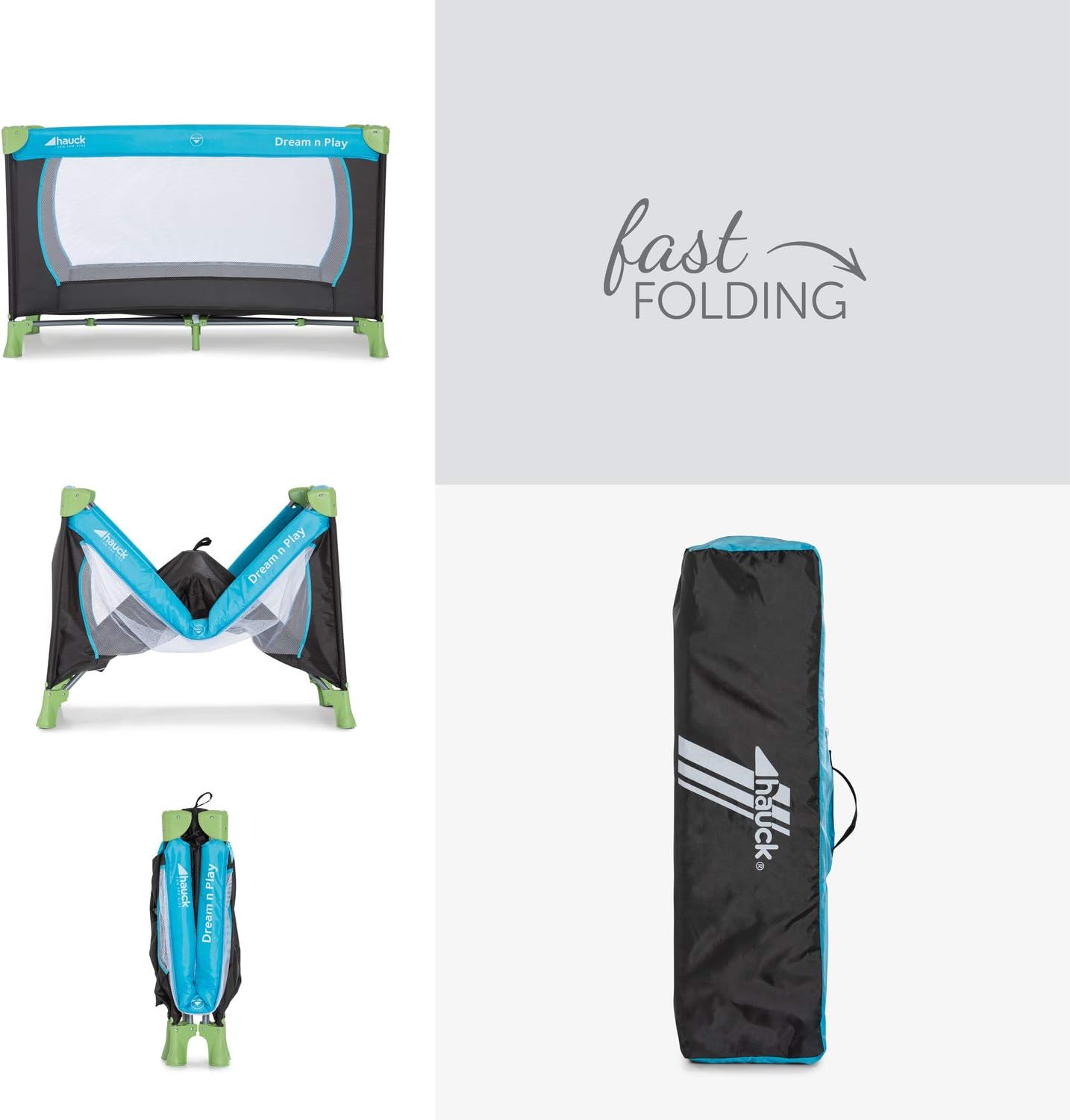 Travel Cot 120 x 60 cm from Birth to 15 kg, 3-Part Travel Bed with Folding Mattress and Carry Bag, Tilt-Resistant, Waterblue