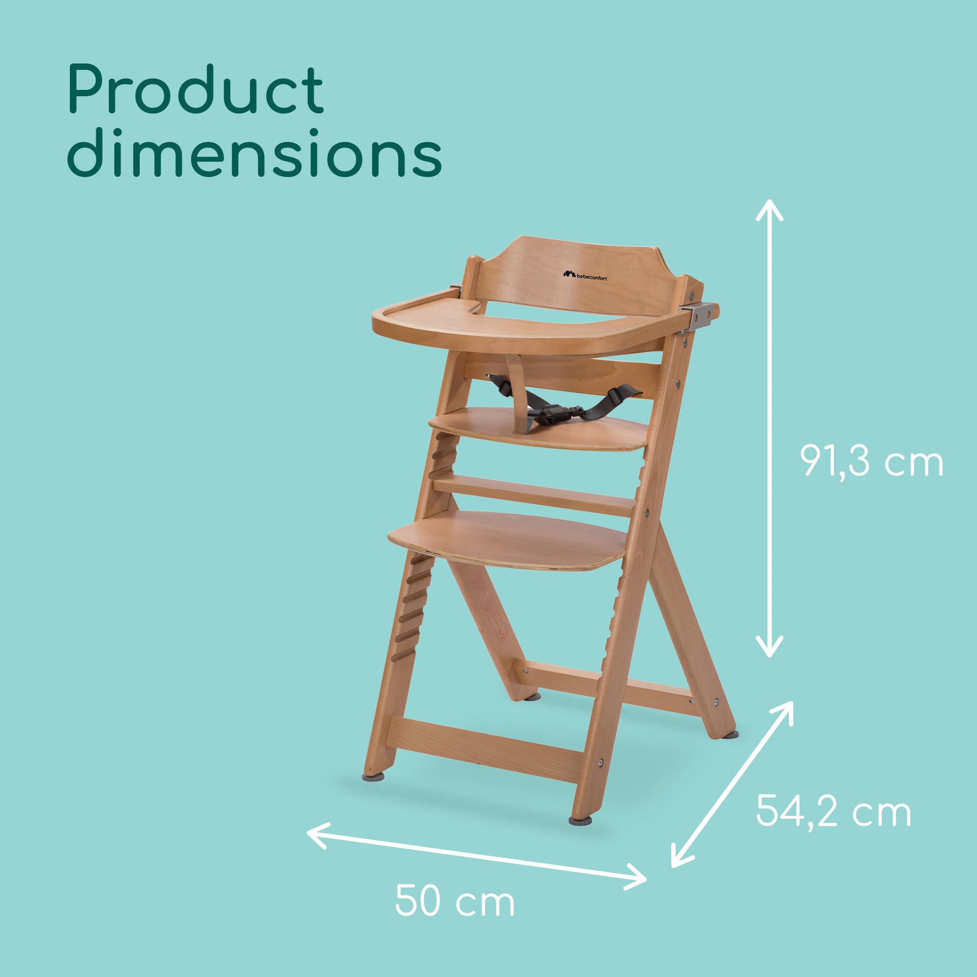 Bebeconfort Timba Evolutive Wooden High Chair, 6 Months-99 Years, Up to 110 kg, Baby High Chair, Removable Tray, Adjustable Seat & Footrest, 3-point Safety Harness, Fits Timba Baby, Natural Wood