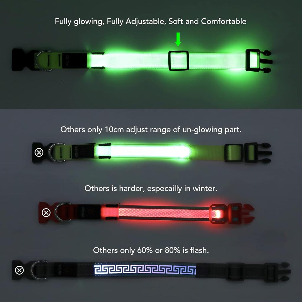 KOSKILL Light-Up Dog Collar, Rechargeable USB Collar, Waterproof, Luminous LED Collar, Adjustable, Super Bright, for Medium/Large Dogs, Green, M