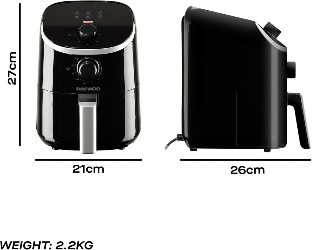 Daewoo 2L Compact Manual Air Fryer – Space-Saving Mini Air Fryer with 80-200°C Temperature Control, 30-Minute Timer, Energy Efficient, Oil-Free Cooking, Healthy Frying for Small Households
