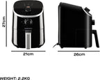 Daewoo 2L Compact Manual Air Fryer – Space-Saving Mini Air Fryer with 80-200°C Temperature Control, 30-Minute Timer, Energy Efficient, Oil-Free Cooking, Healthy Frying for Small Households