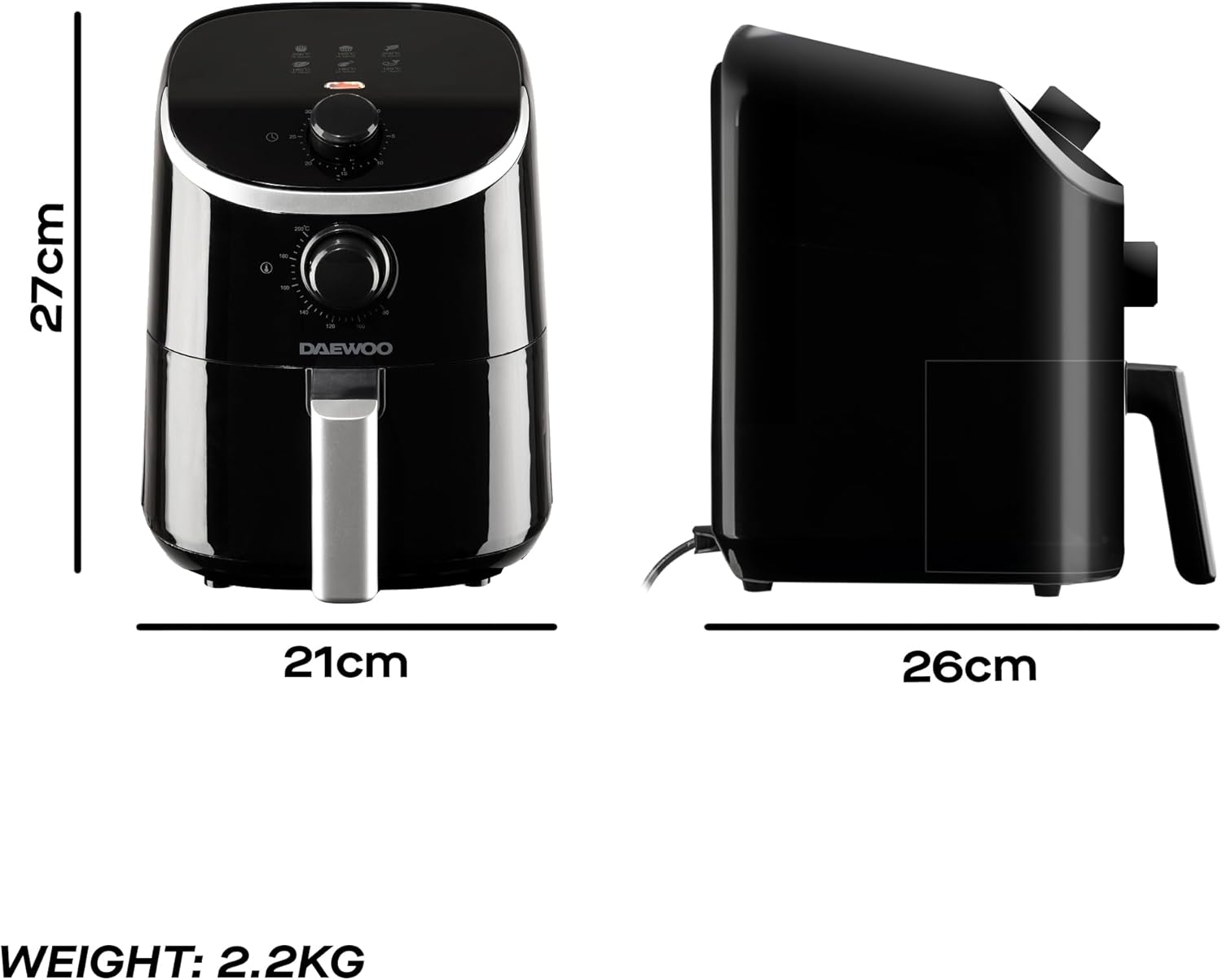 Daewoo 2L Compact Manual Air Fryer – Space-Saving Mini Air Fryer with 80-200°C Temperature Control, 30-Minute Timer, Energy Efficient, Oil-Free Cooking, Healthy Frying for Small Households