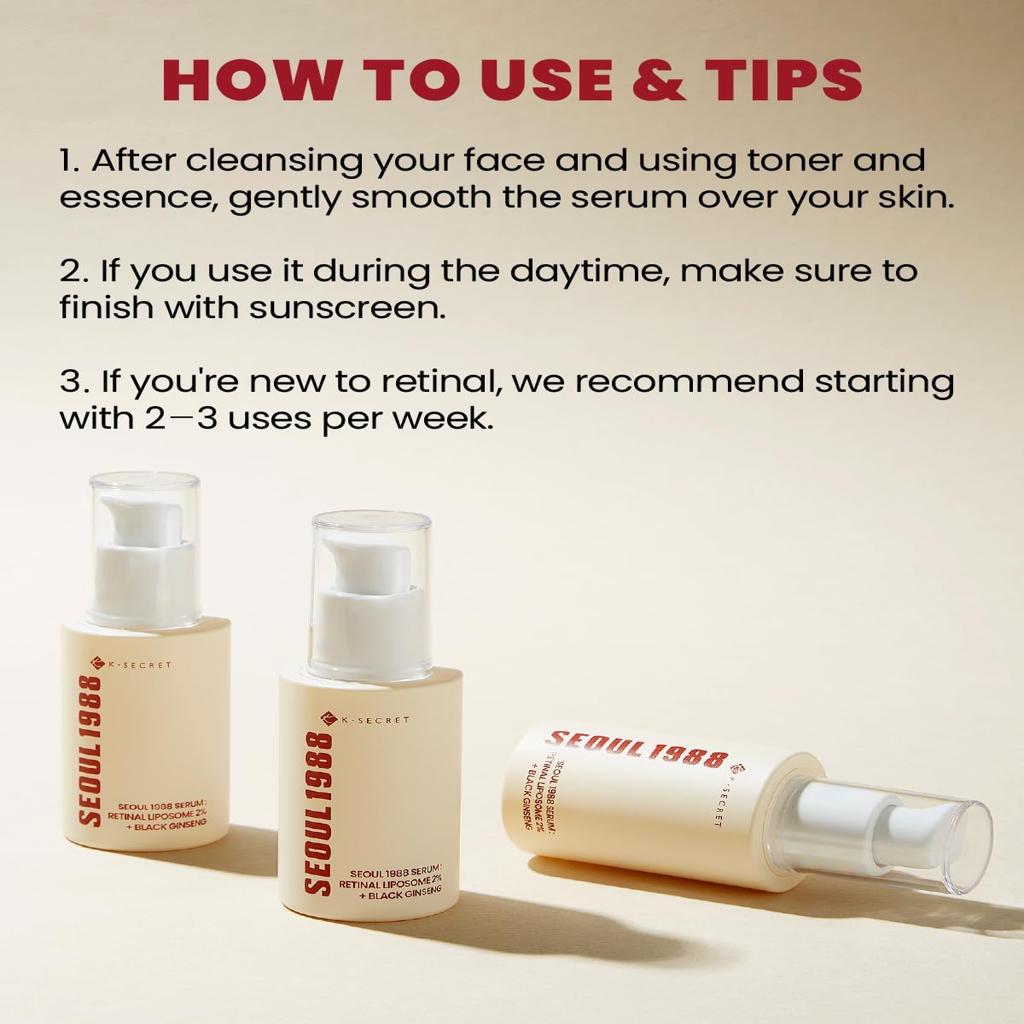 KSECRET SEOUL 1988 Serum: Retinal Liposome 2% + Black Ginseng, 30 ml/1.01 fl.oz | 58% Black Ginseng Extract | Retinal Serum, Bakuchiol, Vitamin C & 3 Peptides for Wrinkle Care | Korean Skincare |