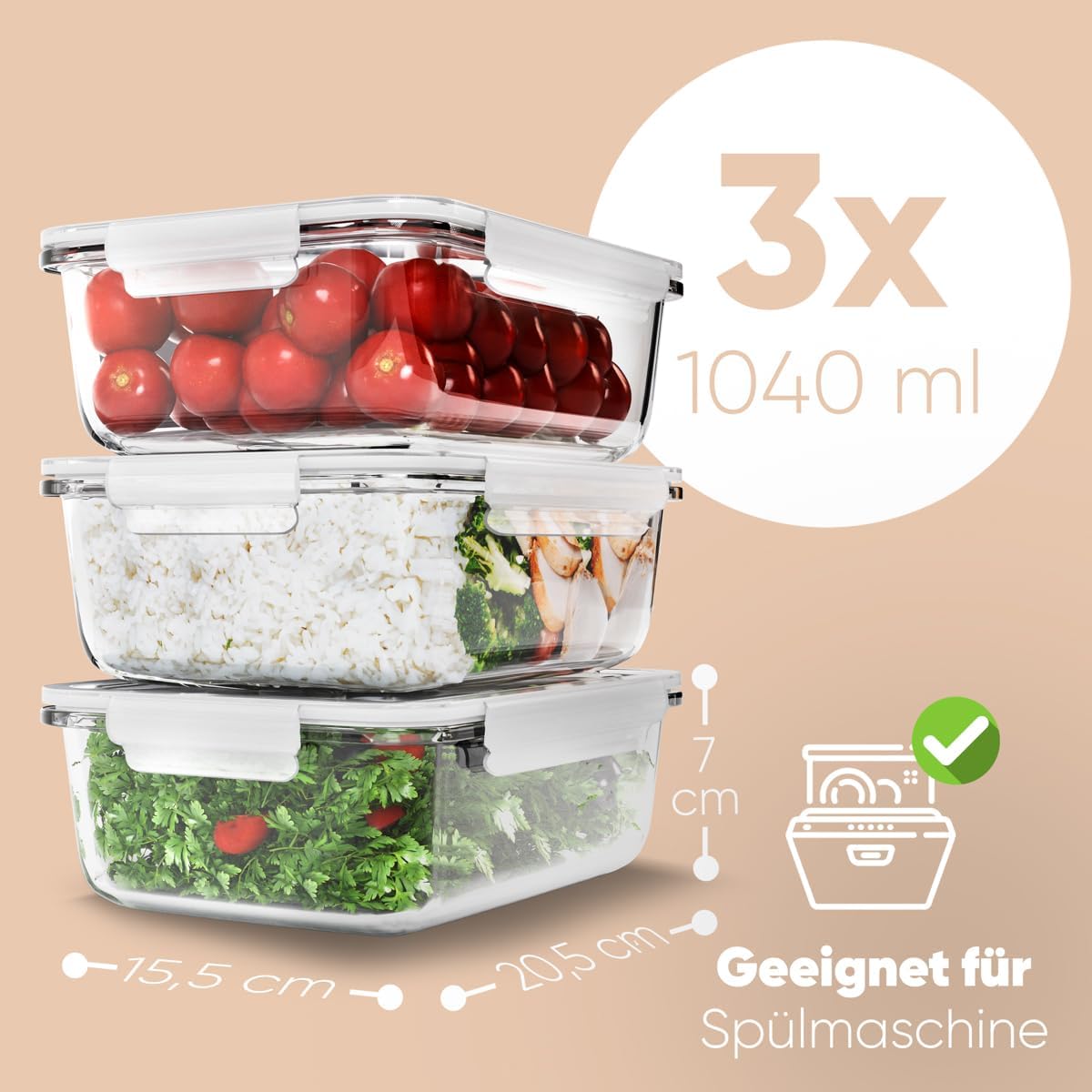 Classbach® C-FHD 4020 G Glass Food Storage Containers with Lid, Set of 3, Suitable for Microwave, Dishwasher, Freezer, Oven, Meal Prep Boxes, Glass, with Steam Valve, Glass Container with Lid