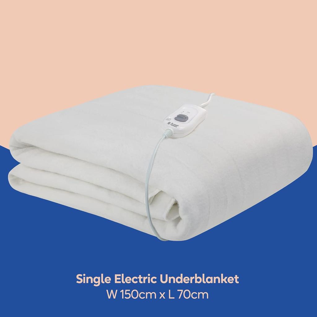 Russell Hobbs Electric Blanket, Heated Single Fitted Underblanket, 3 Heat Settings, Low Energy & Energy Efficient, Machine Washable, 70 X 150 cm, 60W, White, RHESB6001, 2 Year Guarantee