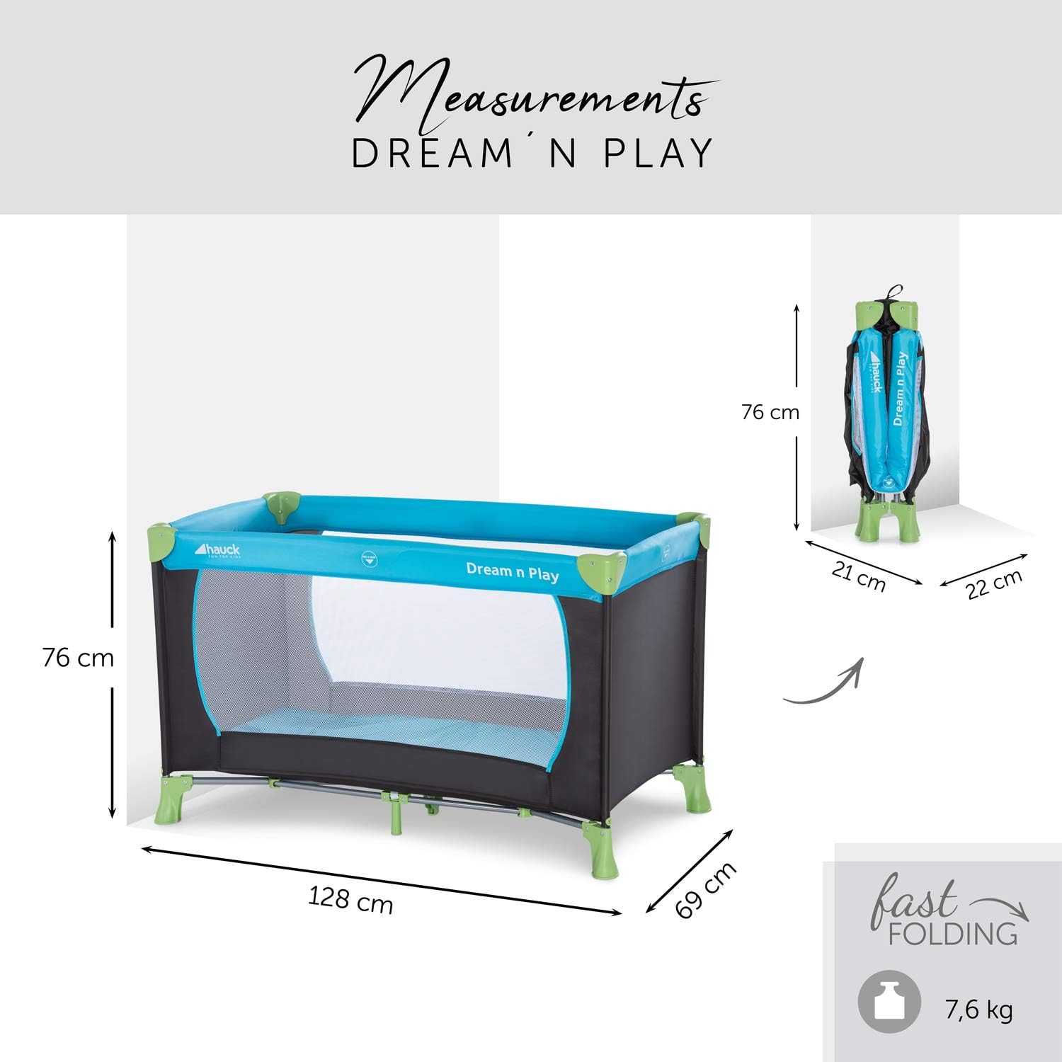 Travel Cot 120 x 60 cm from Birth to 15 kg, 3-Part Travel Bed with Folding Mattress and Carry Bag, Tilt-Resistant, Waterblue