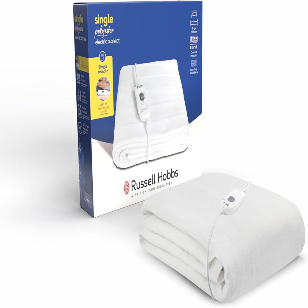 Russell Hobbs Electric Blanket, Heated Single Fitted Underblanket, 3 Heat Settings, Low Energy & Energy Efficient, Machine Washable, 70 X 150 cm, 60W, White, RHESB6001, 2 Year Guarantee