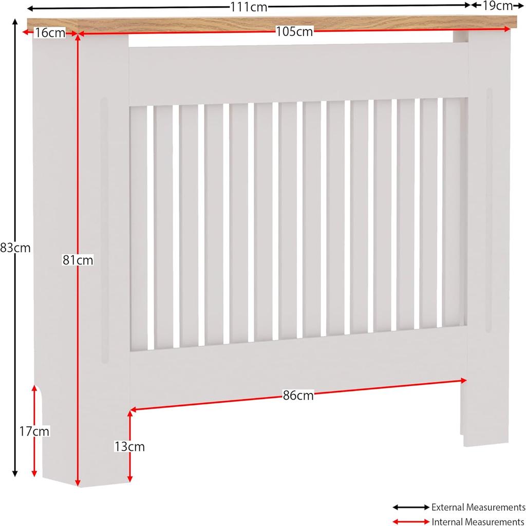 Vida Designs Arlington Radiator Cover White Modern Painted MDF Cabinet, Slats, Grill, Wood Top Shelf, Medium (H: 83.3 / W: 111 / D: 19 cm)