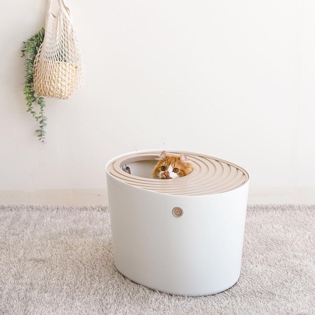 Iris Ohyama Cat Litter Box with Scoop, Up to 7kg, Beige, Top Entry, Cat Litter Tray, Enclosed, For Kitten, High Sided, Hooded, Large, Jumbo, BPA Free, Deep, Easy to Clean, PUNT-530