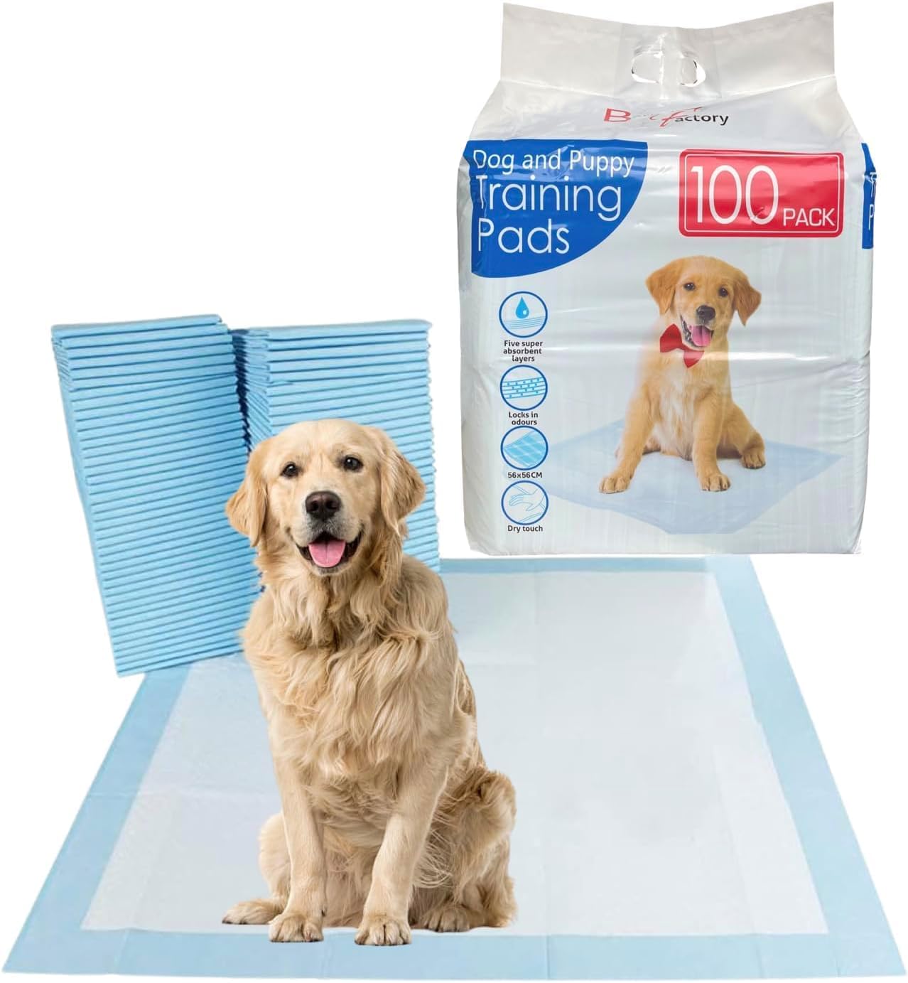 Bargain Factory - Pet Potty Training Pads Pack of 50 for Dogs Puppy Pads - Super-Absorbent 5 Layers Waterproof - 56 x 56 cm - Disposable Puppy Pee Pads