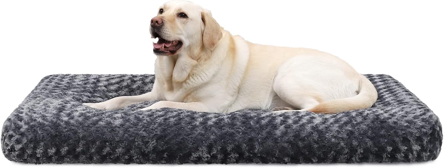 KSIIA Extra Large Dog Bed Washable, XL Calming Crate Mattress with Non Skid Bottom, Fluffy Anti Anxiety Dog Beds, Pet Pillow Cushion, Dark Grey, 105x70x9cm